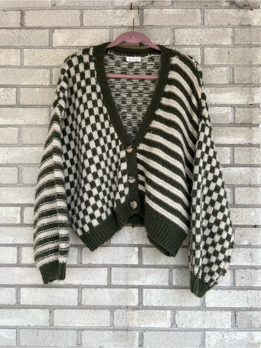 Blu Pepper Olive Green Cream Checker Stripe Cardigan L